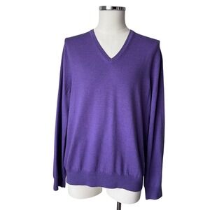 EXPRESS Mens V Neck Sweater Purple 100% Merino Wool Old‎ Money Sz Large FLAW